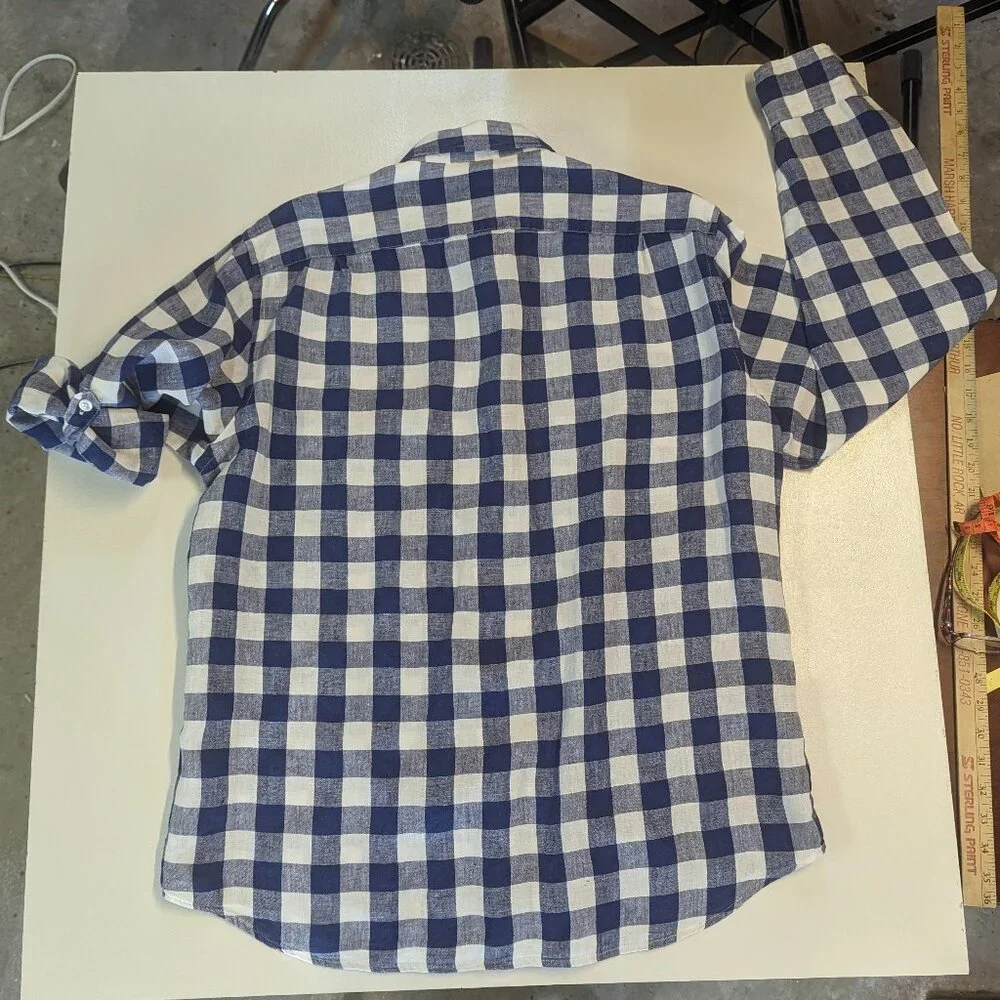 J. Crew Size Large 100% Linen Navy/White Checkered Button Down
